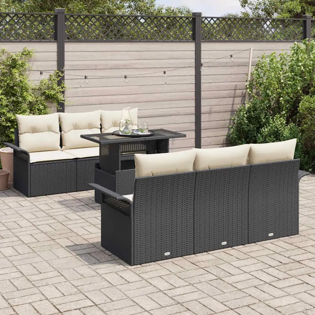 Set Divano da Giardino con cuscino 7 pcs Nero Poly Rattan