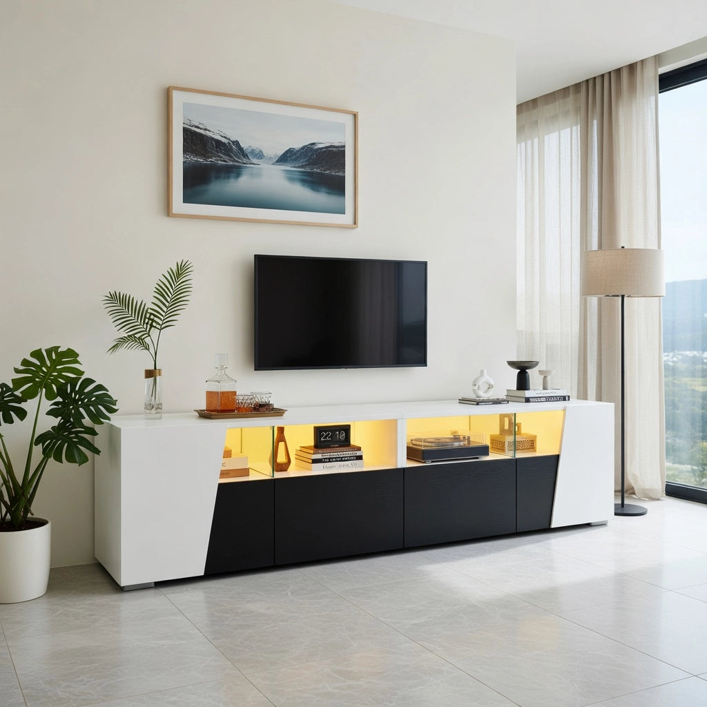 Mobile TV stand bianco e nero in MDF e vetro; lunghezza 180 cm