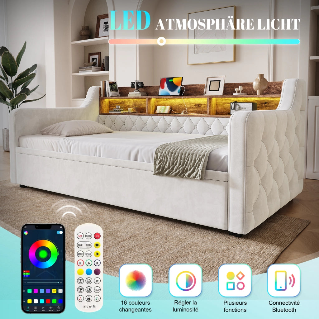 LETTO Divano letto estraibile 90x190 cm in velluto beige con LED e USB