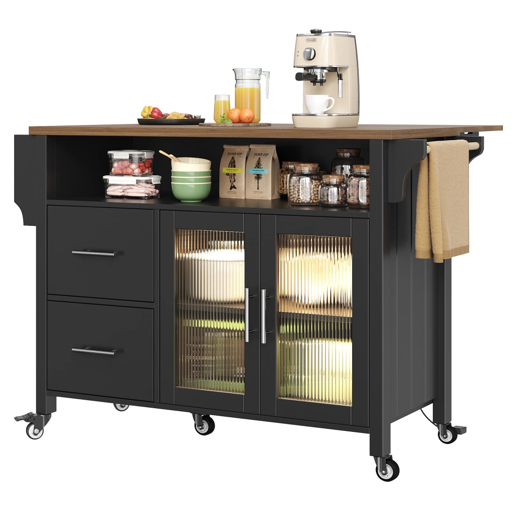 Isola Cucina con Vetrina LED e Ruote ¨C MINIMAL ¨C Nero, Legno