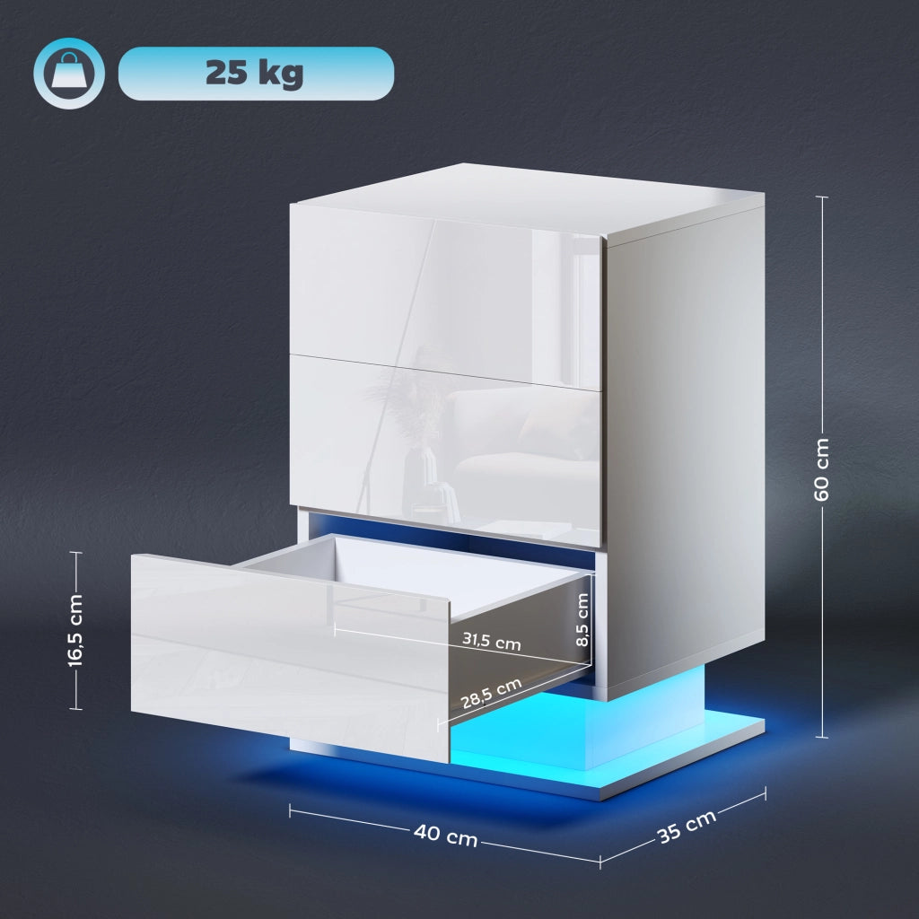 Comodino con LED RGB 3 Cassetti e Telecomando ¨C Xylo ¨C Bianco Lucido 40x35x60 cm