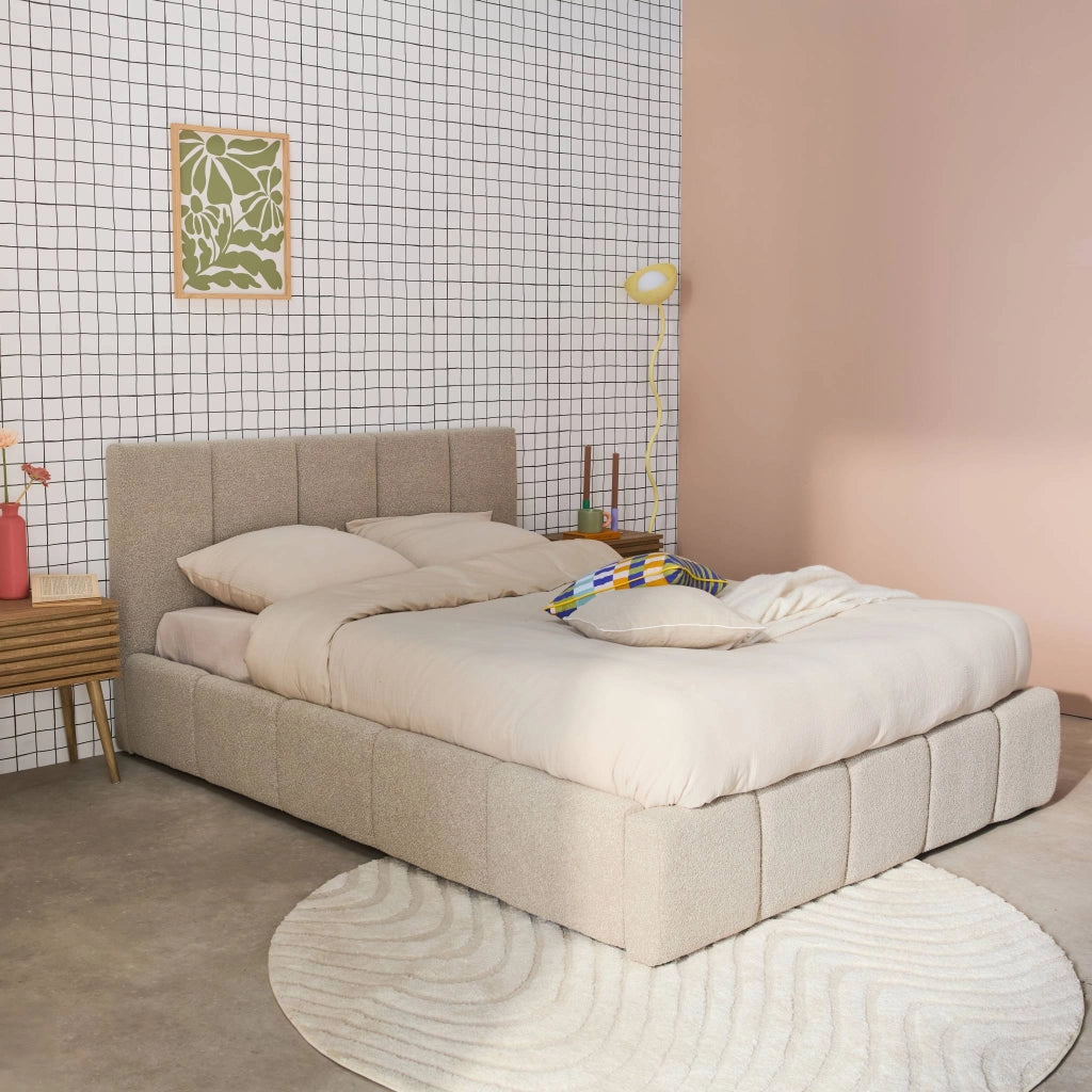 Letto contenitore con rete a doghe e testiera 160x200cm, bouclé ,