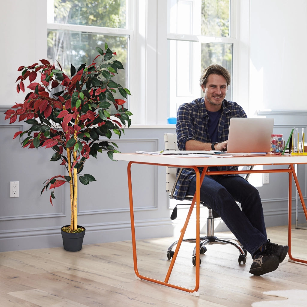 Pianta artificiale realistica e decorativa, Fico finto 120 cm in vaso, Verde e rosso-Piante artificiali