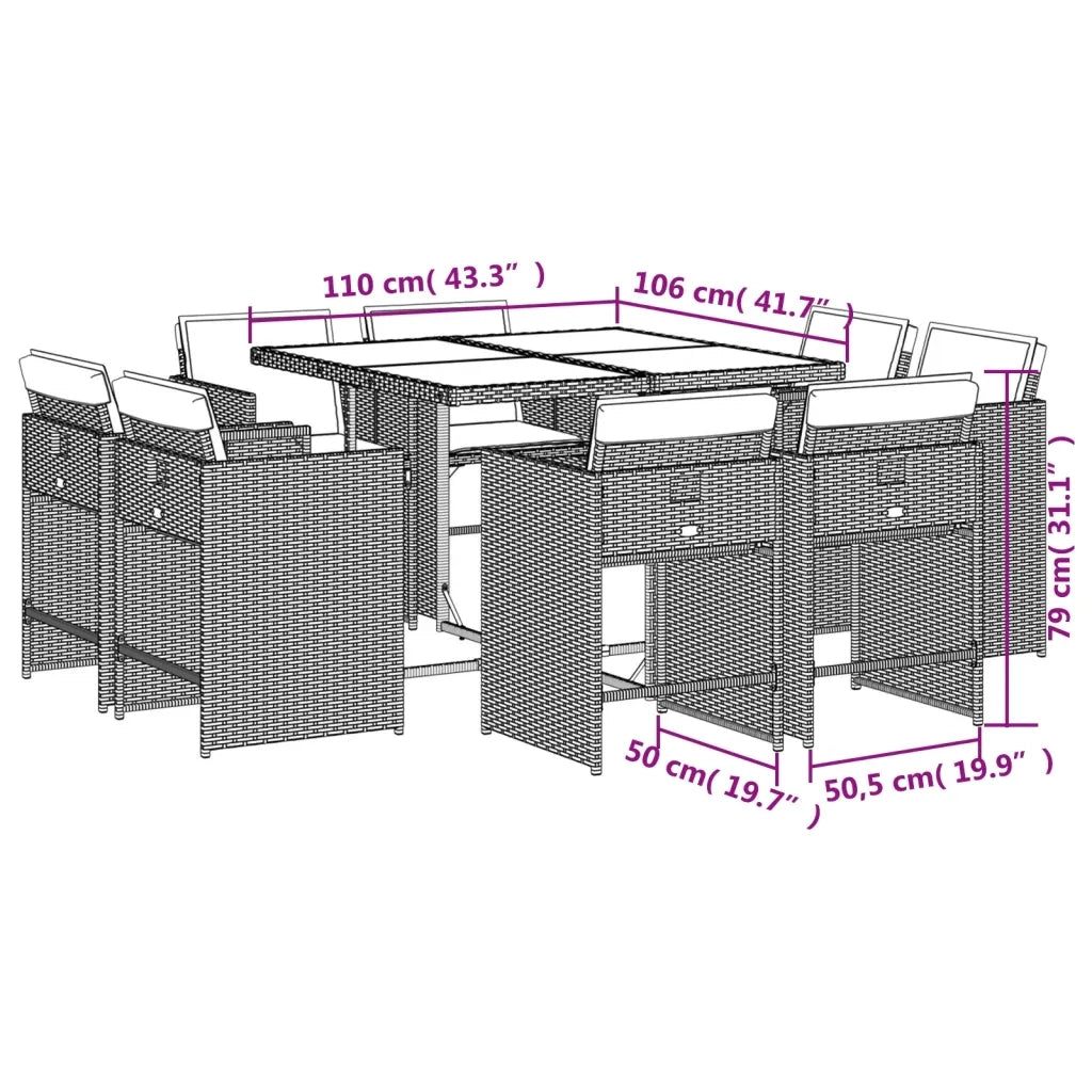 Set da Pranzo da Giardino 9pz con Cuscini Marrone in Polyrattan 3277964