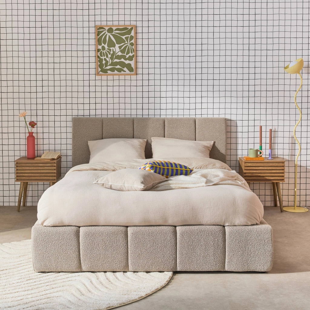 Letto contenitore con rete a doghe e testiera 160x200cm, bouclé ,