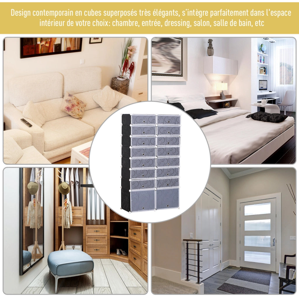 Armadio per Scarpe Modulare ¨C Minimal ¨C 14 Cubi Rettangolari e 2 Grandi Cubi Nero e Bianco Plastica 95x37x160 cm
