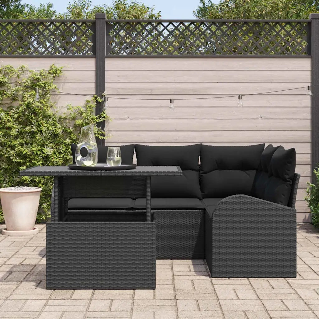 Set Divano da Giardino con cuscino 5 pcs Nero Poly Rattan