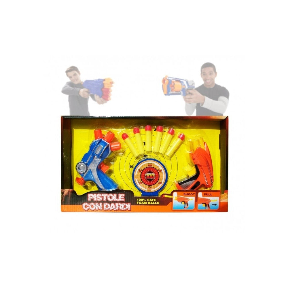 Trade Shop - Set 2 Pistole A Tripla Canna Con 6 Dardi Soft E Doppio Bersaglio Armi Giocattolo -