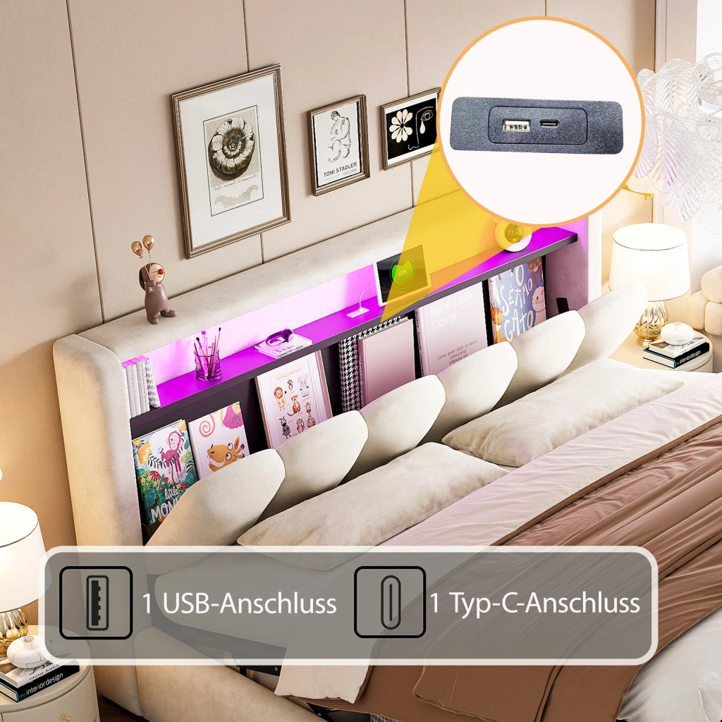 DESMIU Letto Contenitore 180 × 200 cm 2 Posti con LED, USB, Type-C e vani, senza materasso, Beige