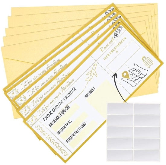 Set di 5 biglietti di viaggio con buste e adesivi, cartellino di imbarco per regalo da personalizzare, per vacanza, viaggio in città o compleanno