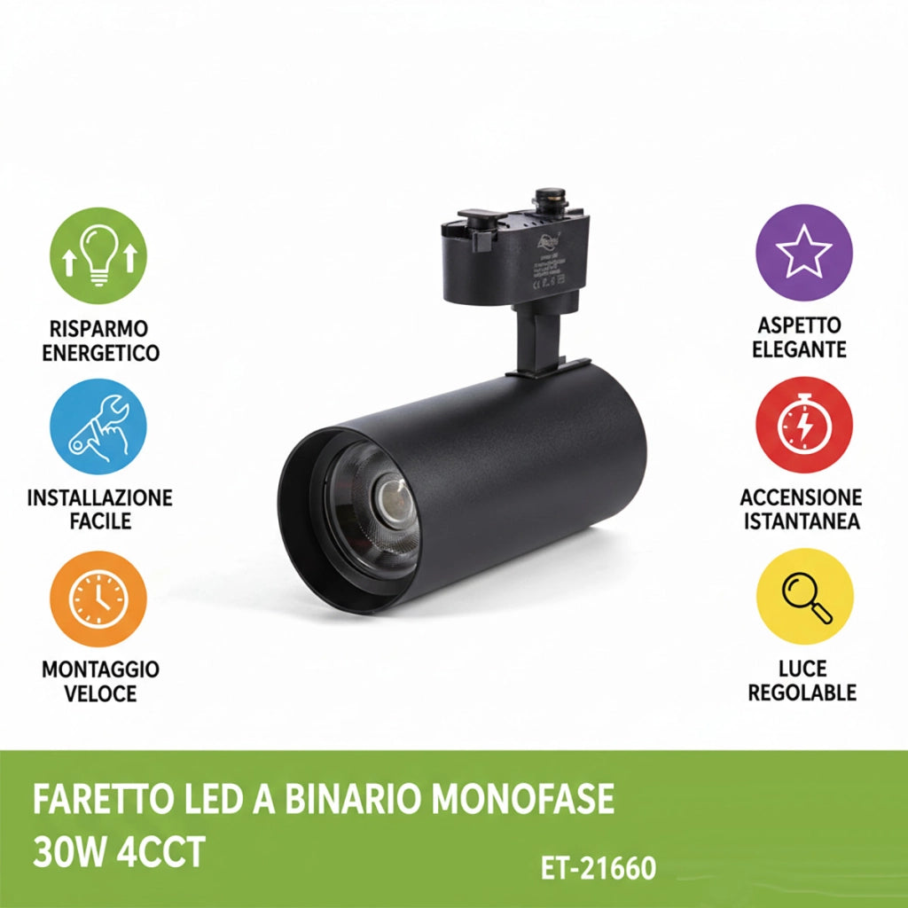 FARETTO LED BINARIO 30W MONOFASE NERO 3CCT 3000 4000 6000K 2740LM ET-21660
