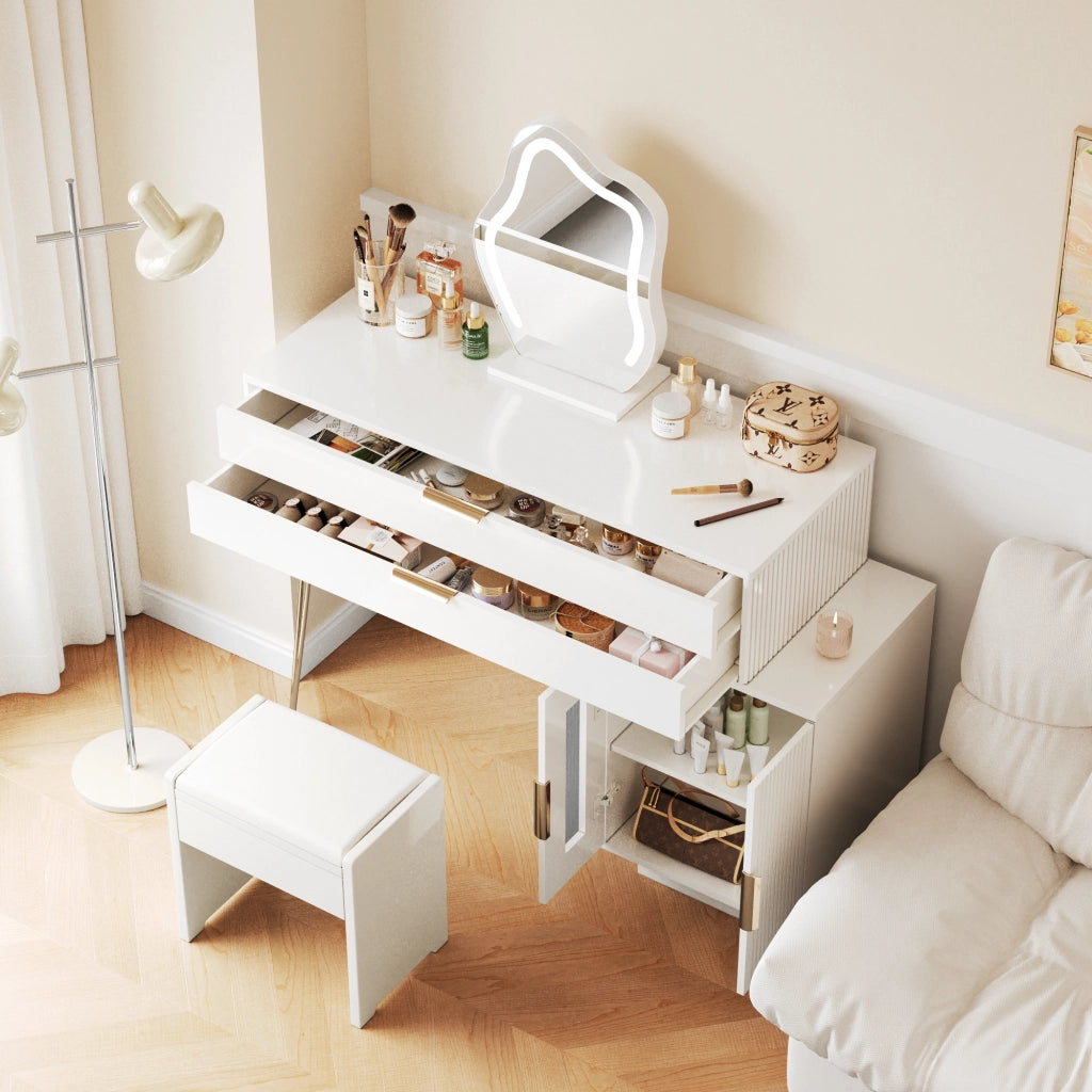 Toeletta con 2 cassetti; specchio LED - camera da letto - 100×40×78 cm - bianco