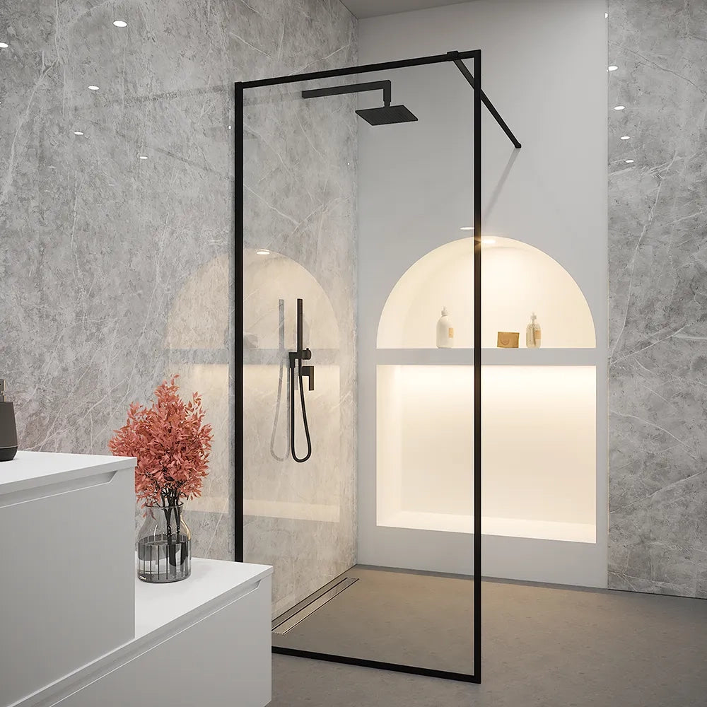 Doccia walk-in full frame 90 cm vetro trasparente profili neri | Rodi