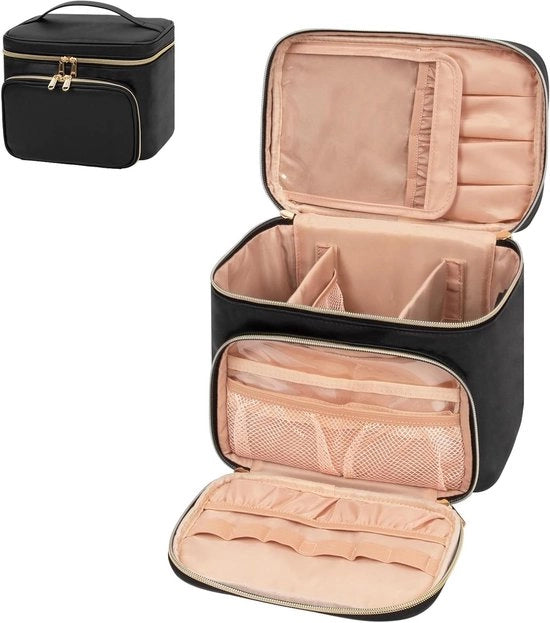 Borsa Organizzatore per Trucco con Comparto per Pennelli per Donne e Ragazze - Stile e Portatile con Maniglia e Divisore (Nero)