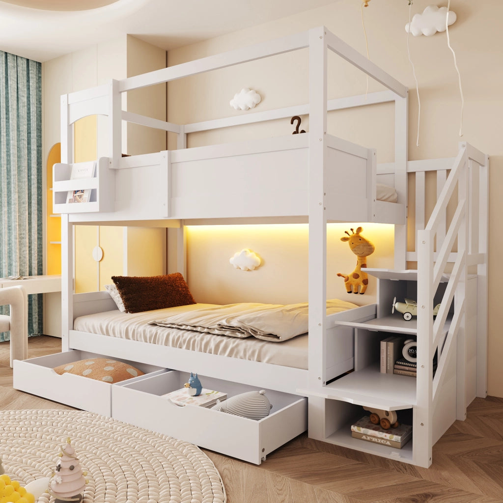 LETTO A CASTELLO 90x200 cm in legno bianco con scala contenitore e lavagna