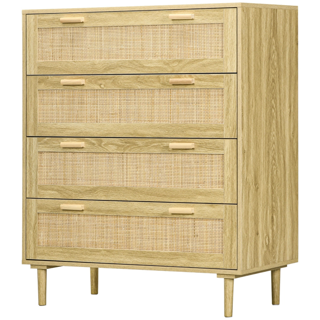 Cassettiera 4 cassetti in legno e tessuto effetto rattan stile boho ¨C Xylo ¨C 90x45x108,5cm naturale