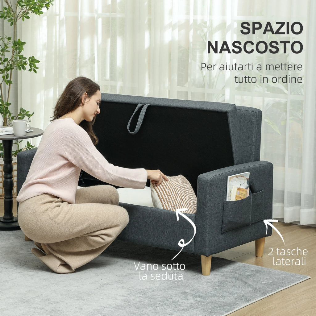 Divano 2 Posti con Cuscini e Contenitore in Tessuto e Legno ¨C Minimal ¨C Grigio Carbone 135x72x84