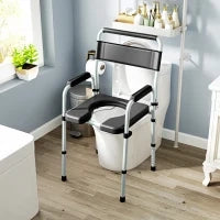 Sedia WC Pieghevole e Regolabile con Braccioli e Schienale, in Acciaio e Pelle PU, 52.5x46x81.5-97 cm, Nero