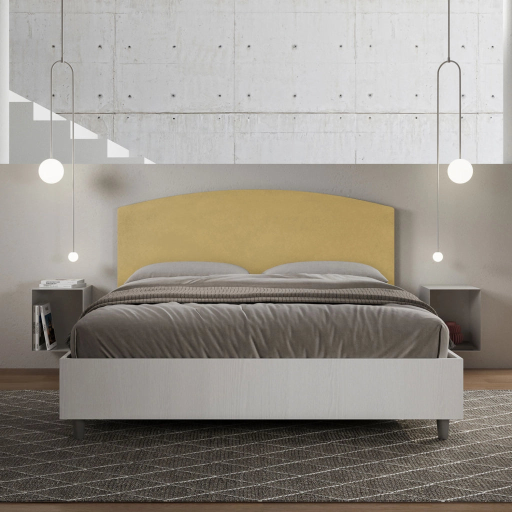 Letto Matrimoniale 160x190 cm con Rete e Contenitore Alzata Comoda Struttura Bianco Frassico e Testata in Microfibra