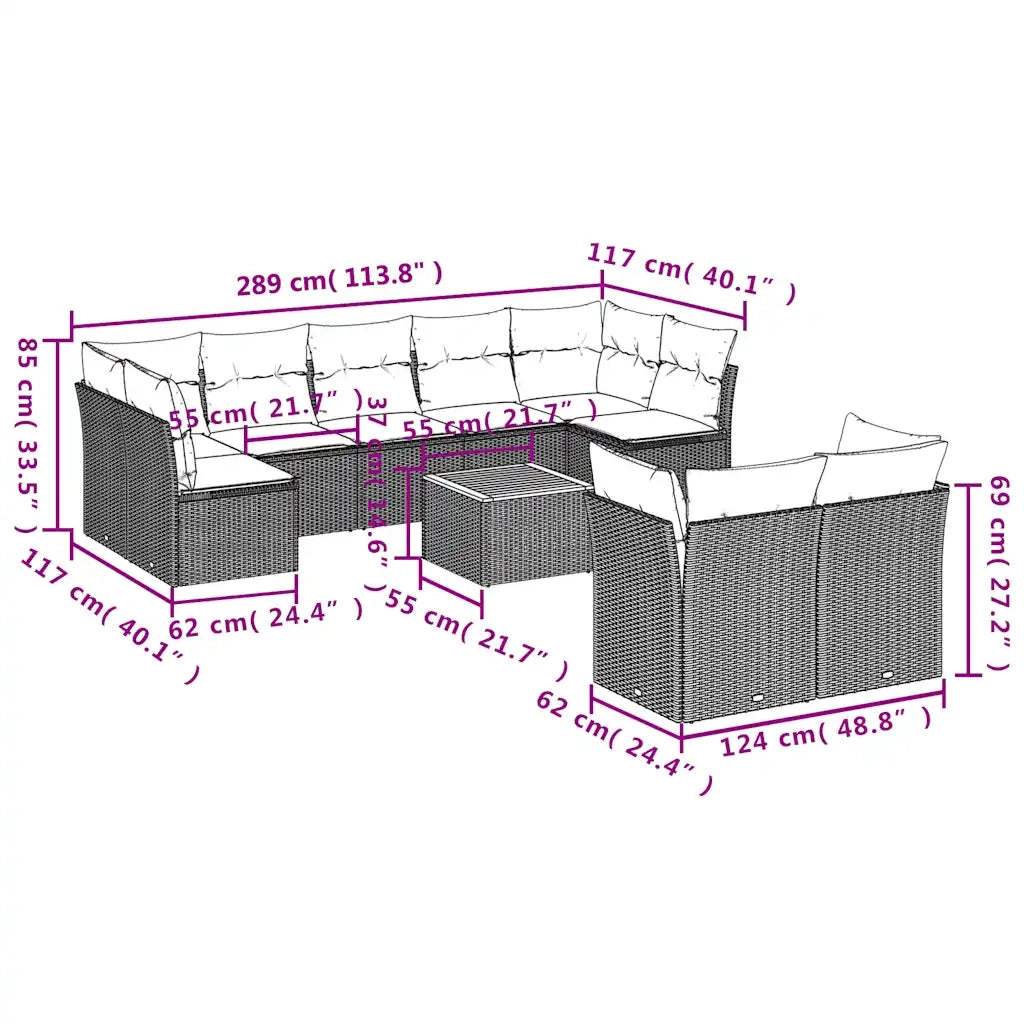Set Divani da Giardino 10 pz con Cuscini Grigio in Polyrattan 3256145