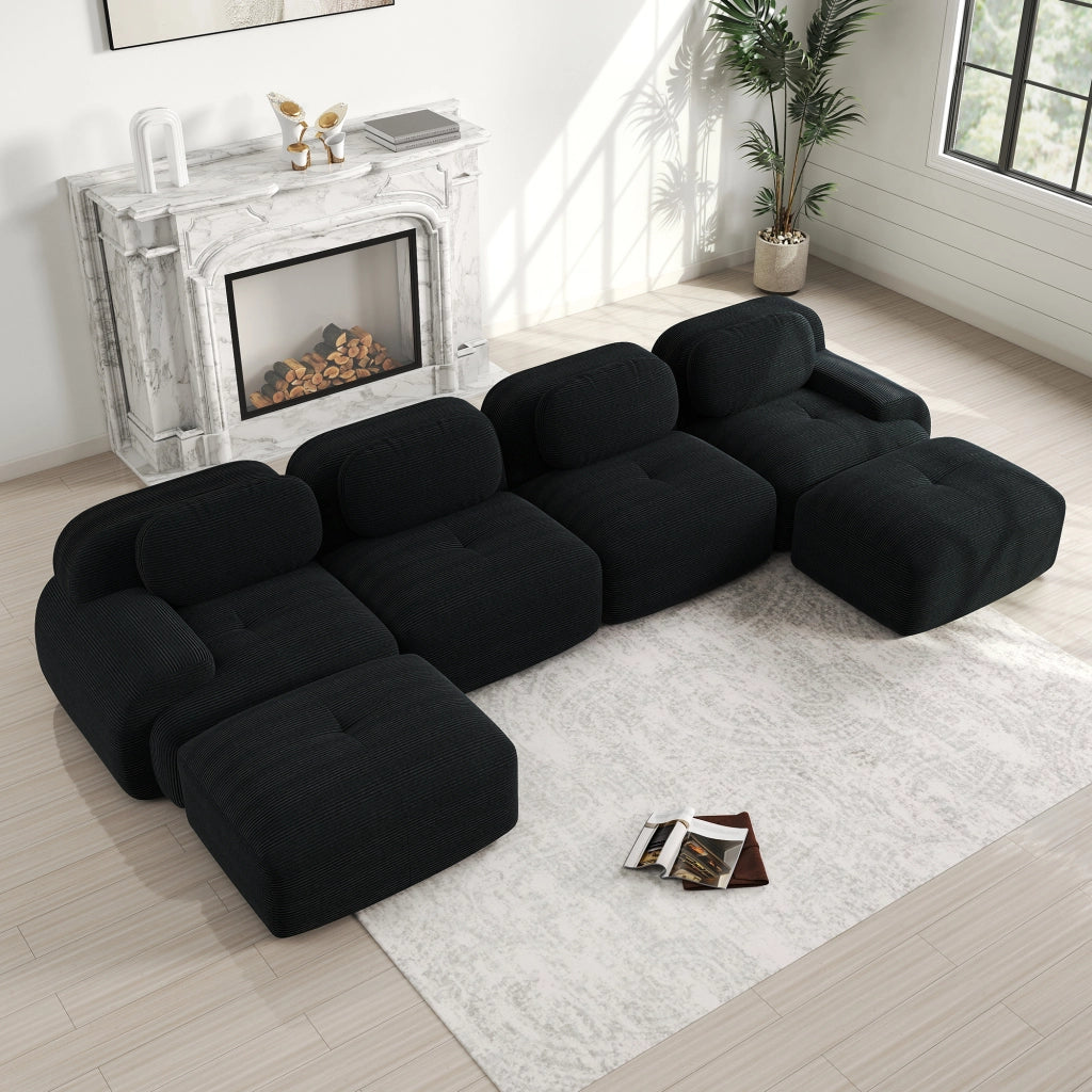 Divano Modulare U a Posti ¨C MINIMAL ¨C Nero, Tessuto Cordato, Braccioli Larghi