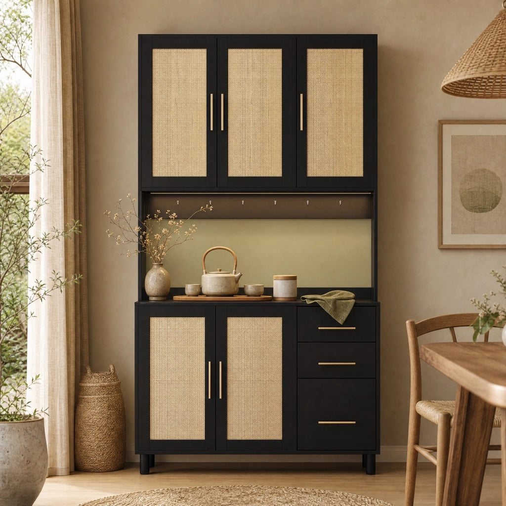 Buffet da cucina 183 cm con LED multicolore; prese USB e 2 prese; nero in MDF