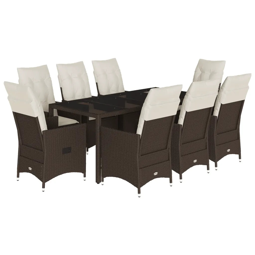Set da Pranzo da Giardino 9pz con Cuscini Marrone in Polyrattan