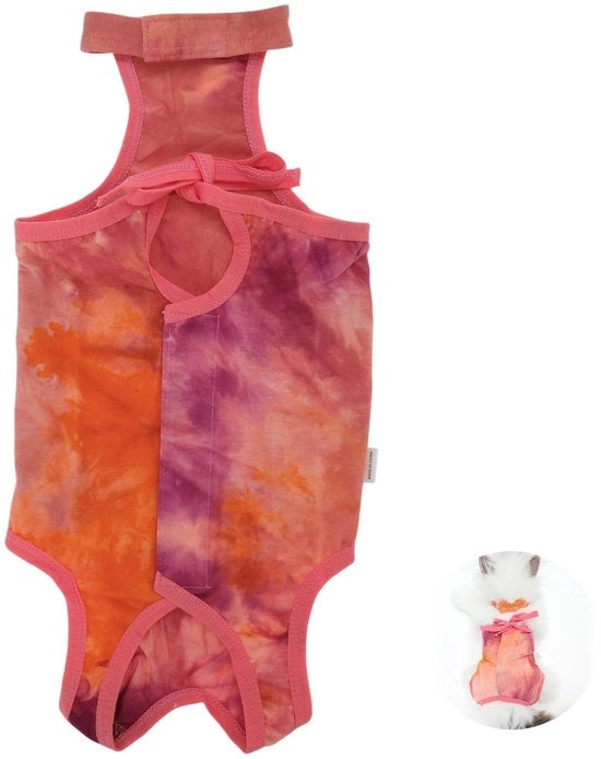 Kit di cura per gatti - Abbigliamento per gatti - Overall postoperatorio - Tessuto in cotone respirabile - Modella adattabile - Disegno batik - Overall per gatti