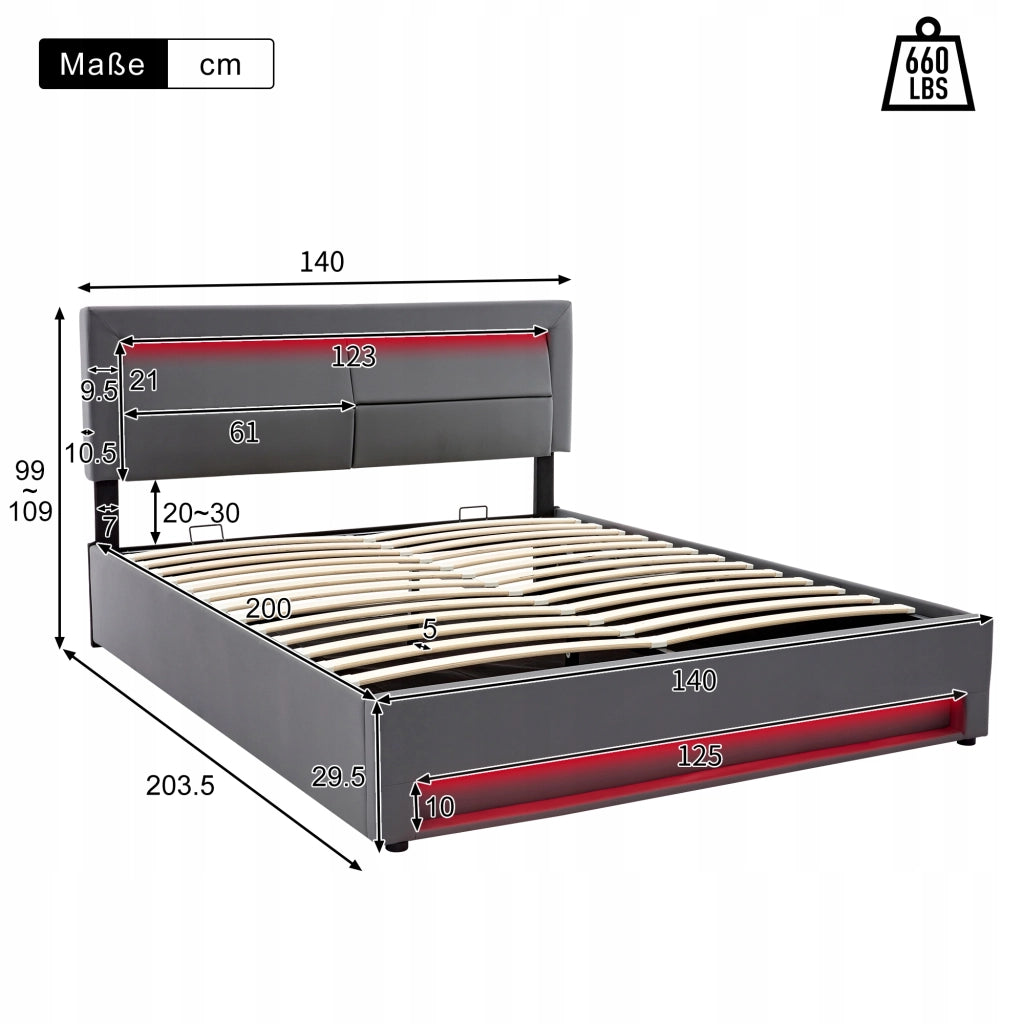 Letto imbottito 140x200 grigio, LED, USB, ripostiglio - Xylo