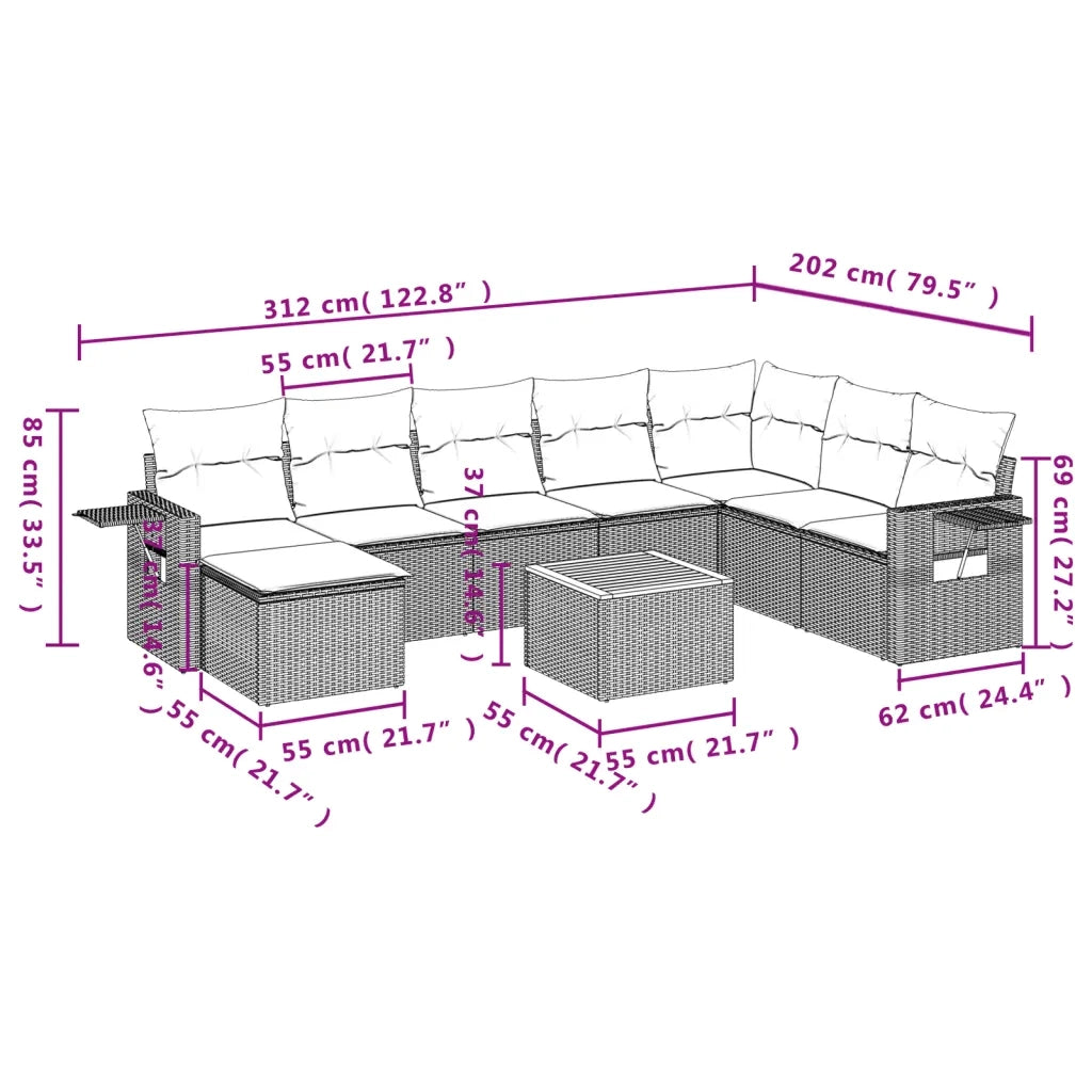 Set Divani da Giardino 9 pz con Cuscini Nero in Polyrattan 3224698