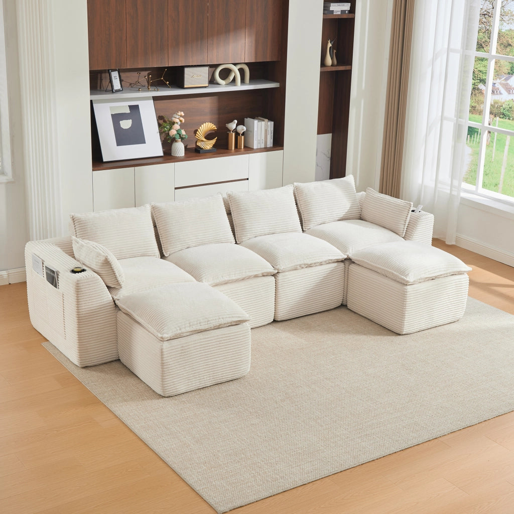 Divano Modulare 4 Posti con Poggiapiedi, Cuscini e Portabicchieri ¨C MINIMAL ¨C Beige, Tessuto a Coste