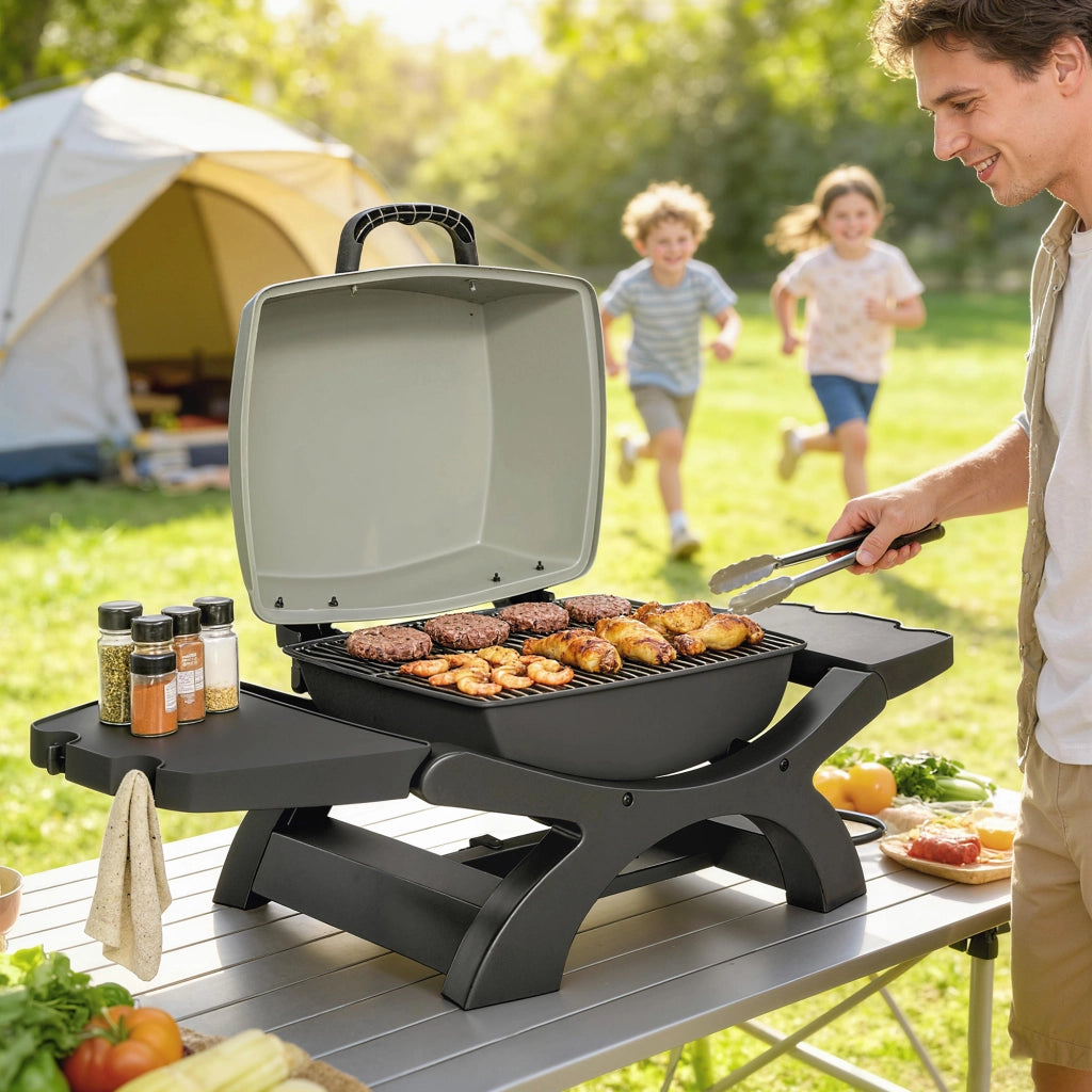barbecue elettrico 2300W, portatile da tavolo con ripiani laterali, colore nero.