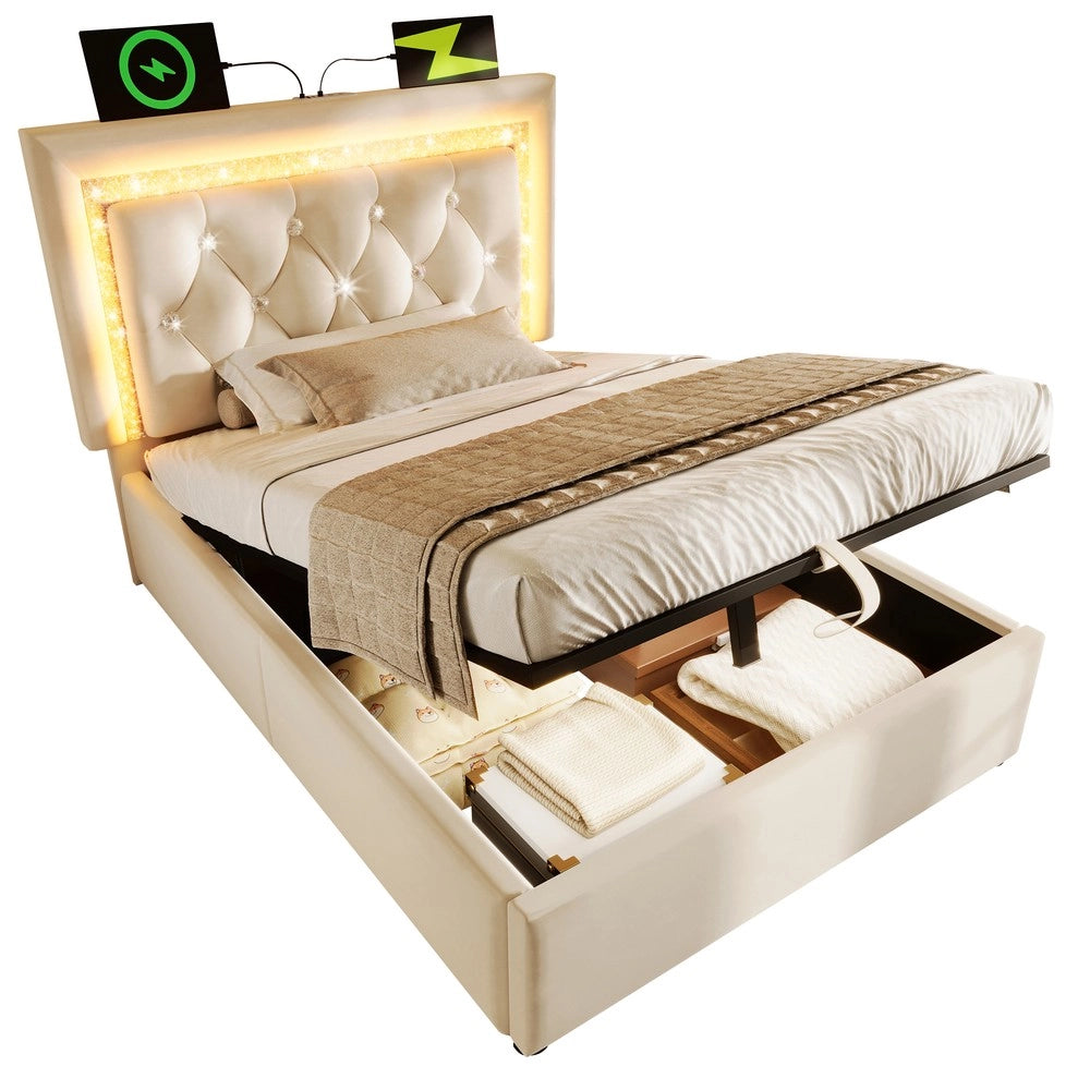 Letto Imbottito Singolo con Contenitore Idraulico e LED ¨C MINIMAL ¨C Velluto Beige 90x200