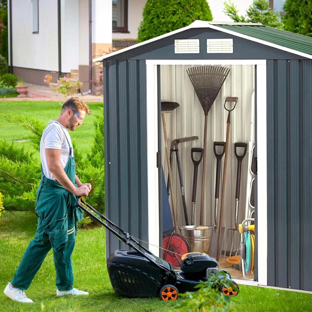 Casetta da Giardino in Acciaio 2,7㎡, con Base, Porte Scorrevoli, Maniglie, Sfoghi e Tettoia, Capanno da Esterno per Giardino, Fattoria e Cortile, 213 x 127 x 185 cm (Grigio Scuro)