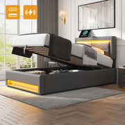 Letto imbottito 90x200 - Xylo - Grigio, USB, LED, con ripostiglio