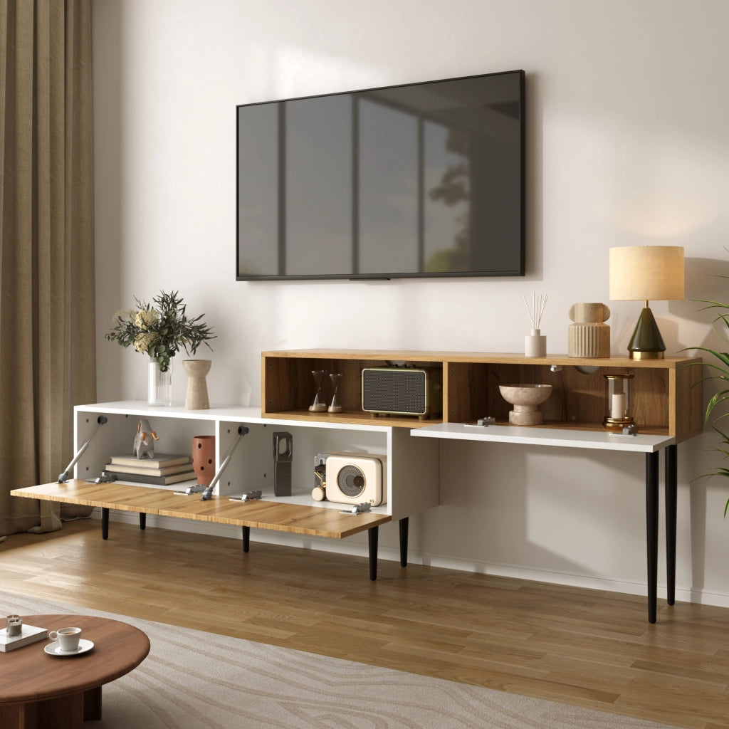 Cassettiera per TV bianca e legno; in MDF e truciolare; lunghezza 240 cm