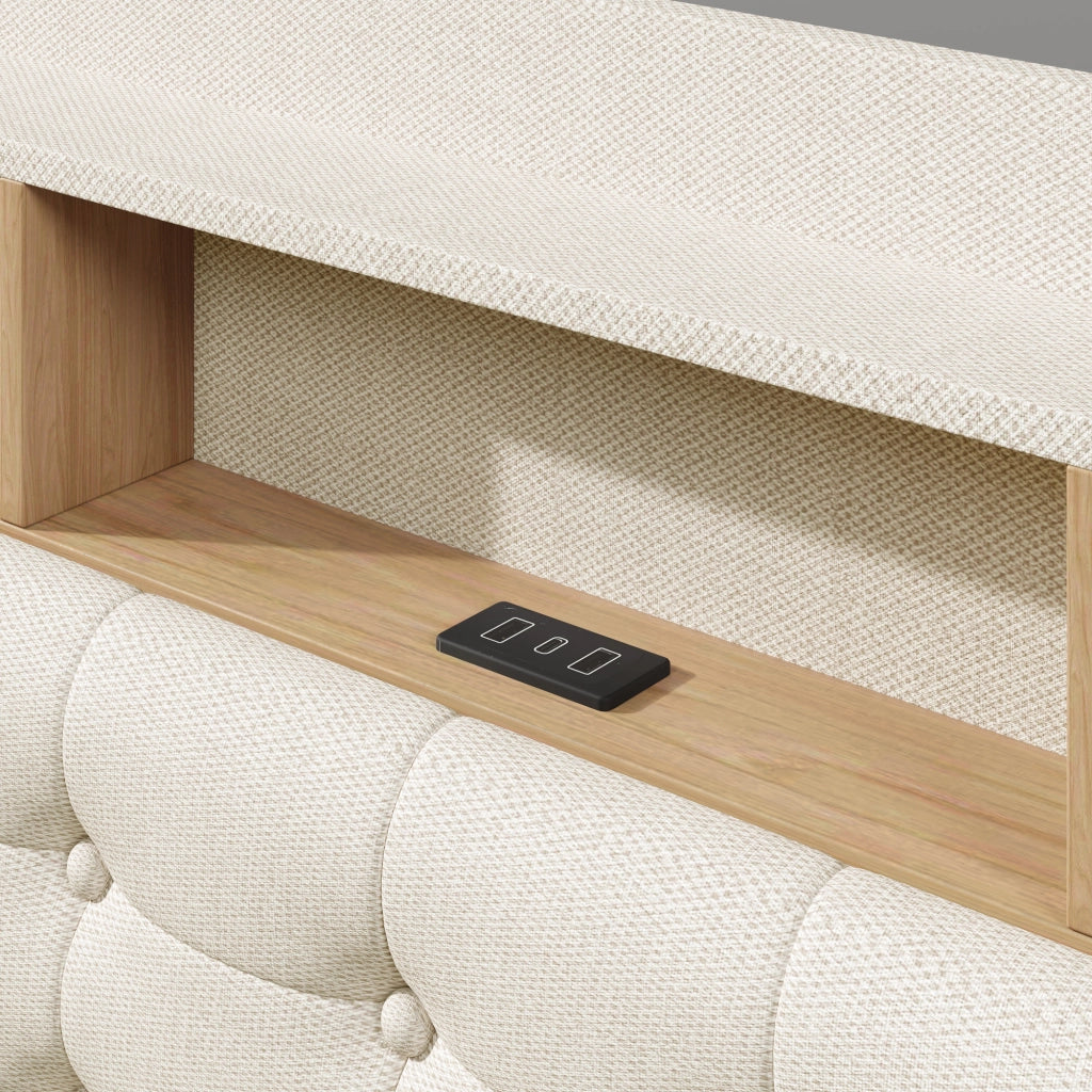 LETTO Imbottito 180x200 cm in lino beige con LED, USB e vano idraulico