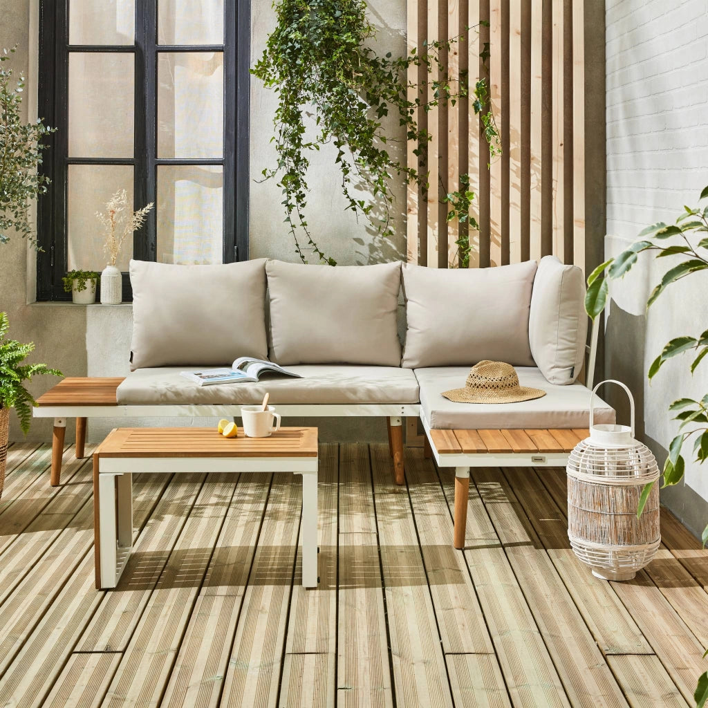 Salotto da giardino in alluminio e acacia,  4 posti, bianco