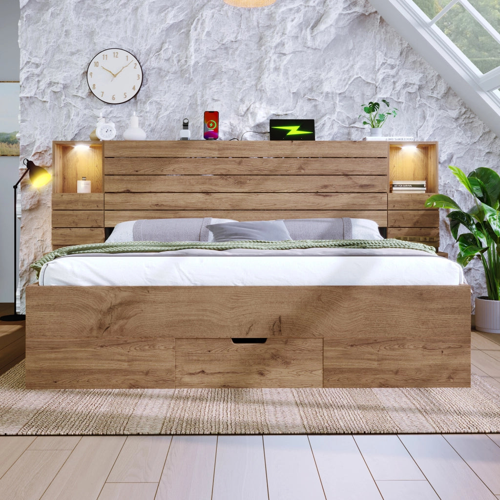 Letto legno 180x200 LED USB Type-C vano cassetti rovere