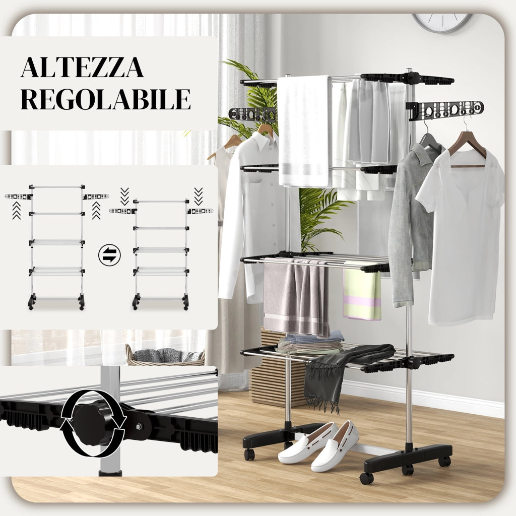 Stendino Verticale con Ripiani Regolabili ¨C Minimal ¨C Acciaio e Plastica, Nero e Argento, 142x55x172 cm