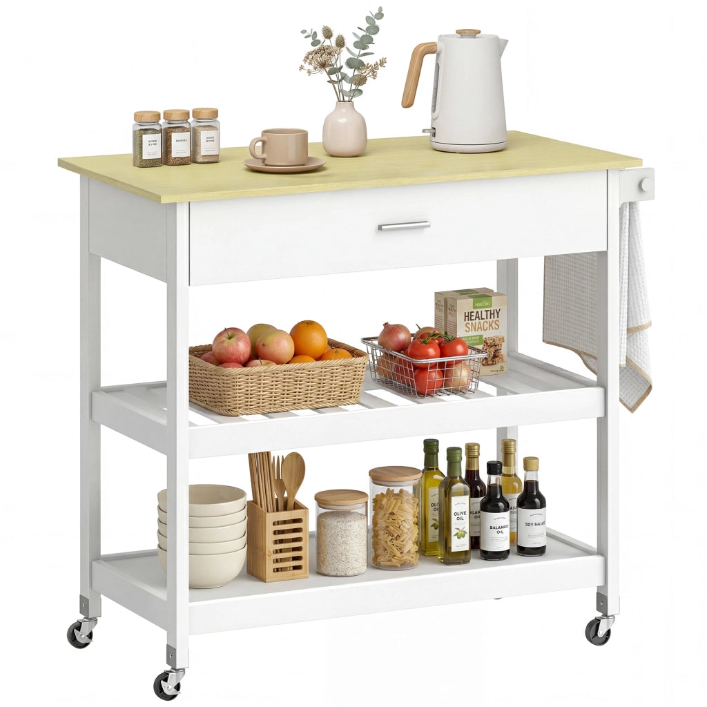 Carrello cucina con ruote ¨C Xylo ¨C piano lavoro, cassetto, ripiani, portasciugamani, bianco