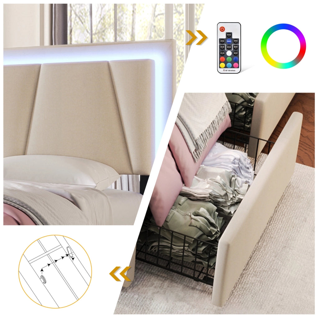 LETTO 140x200 cm Beige con testiera regolabile, LED e 4 cassetti
