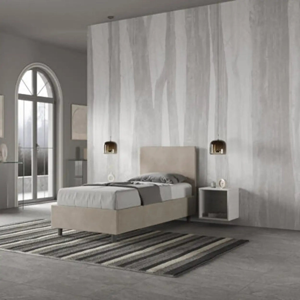 Letto singolo contenitore imbottito 80x210 microfibra sabbia Adele