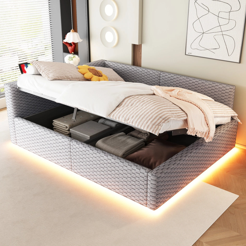Letto Imbottito 140x200 con LED ¨C MINIMAL ¨C Velluto Grigio, Idraulico, USB