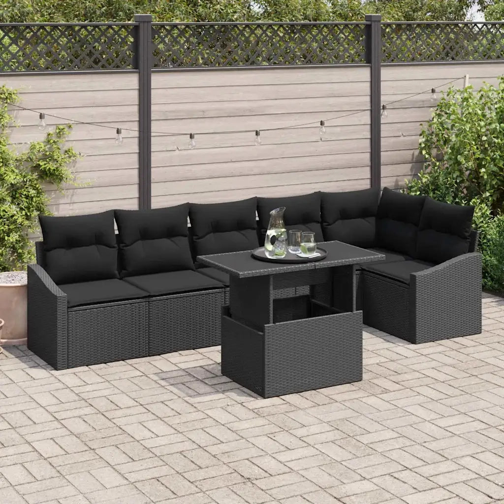Set Divano da Giardino con cuscino 7 pcs Nero polyrattan