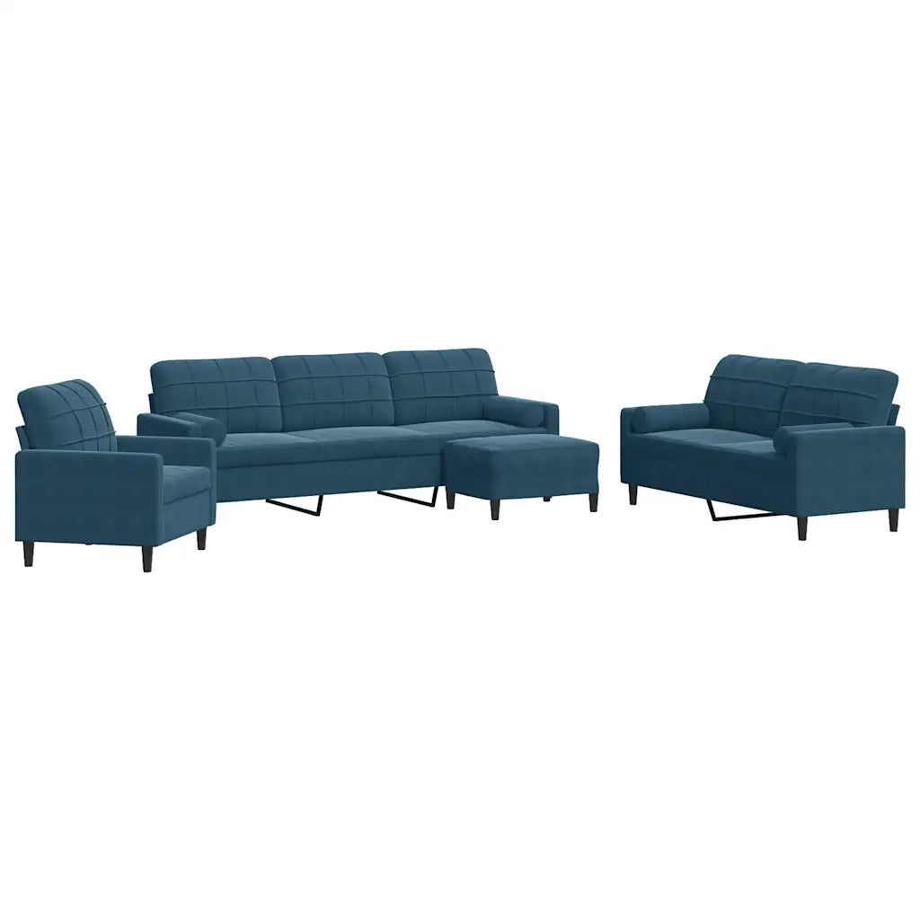 Set di Divani 4 pz con Cuscini e Rinforzi Blu in Velluto