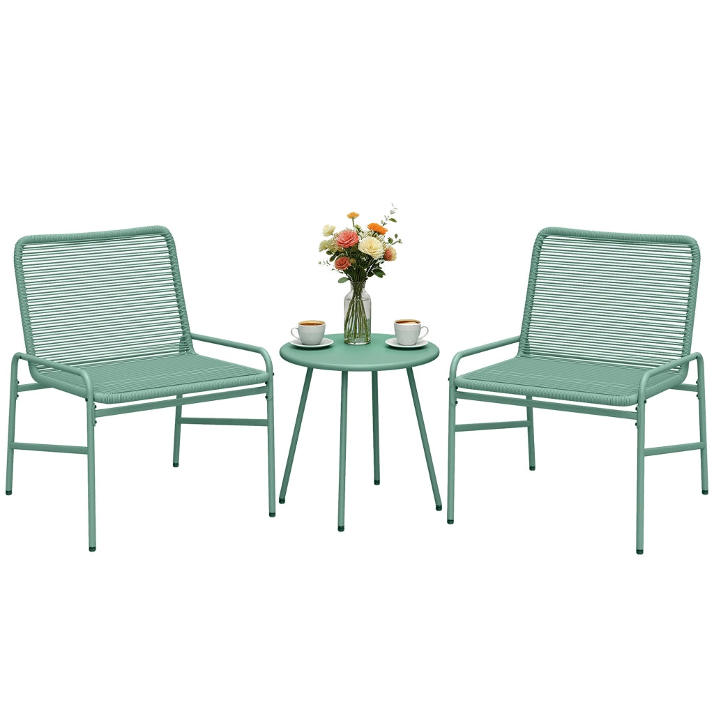 Set Giardino 3 Pezzi in Resina Intrecciata e Acciaio ¨C zephmum ¨C Verde, Tavolo Rotondo con 2 Sedie, 58x67x75cm