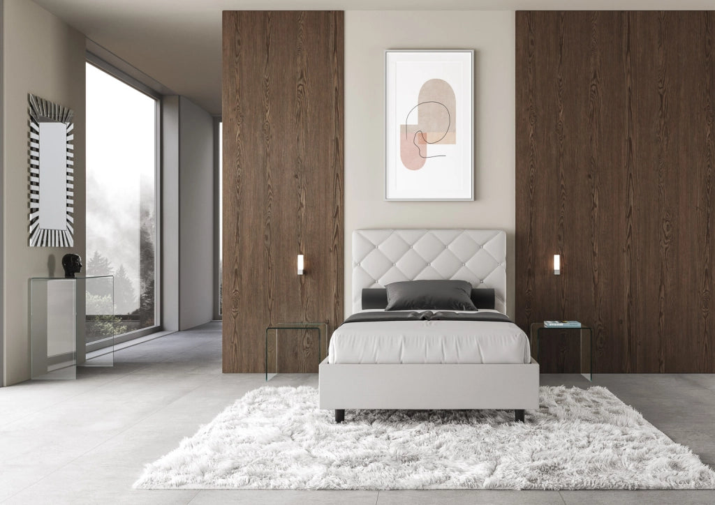 BS COM Letto una piazza e mezza con rete imbottito 120x210 similpelle bianco