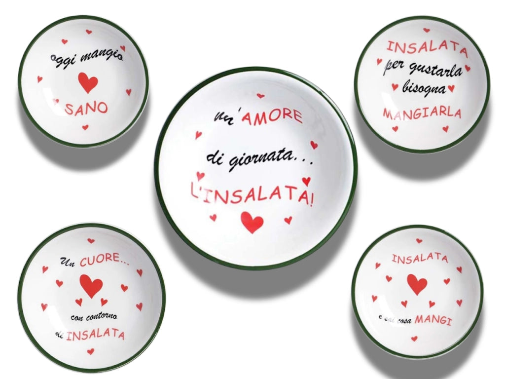 Set quattro piatti fondi per insalata 20 cm con scritte + insalatiera 27 cm con scritta