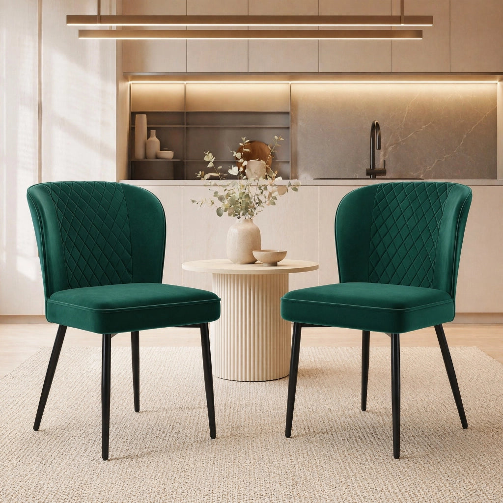 Sedia da pranzo moderna in velluto verde con struttura in metallo